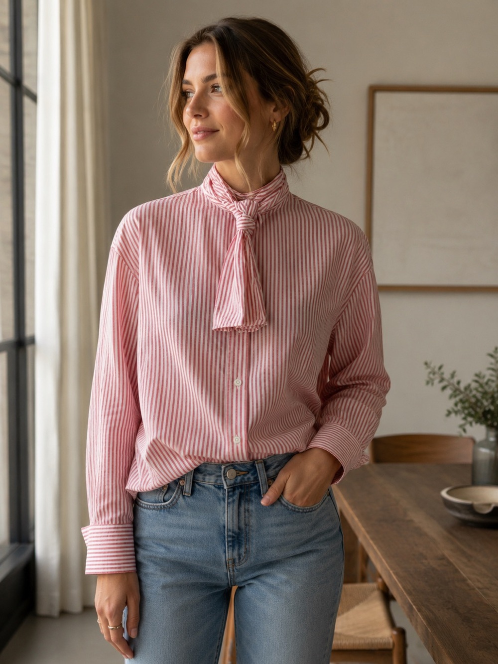 Red and White Striped Tie-Neck Button-Down Shirt